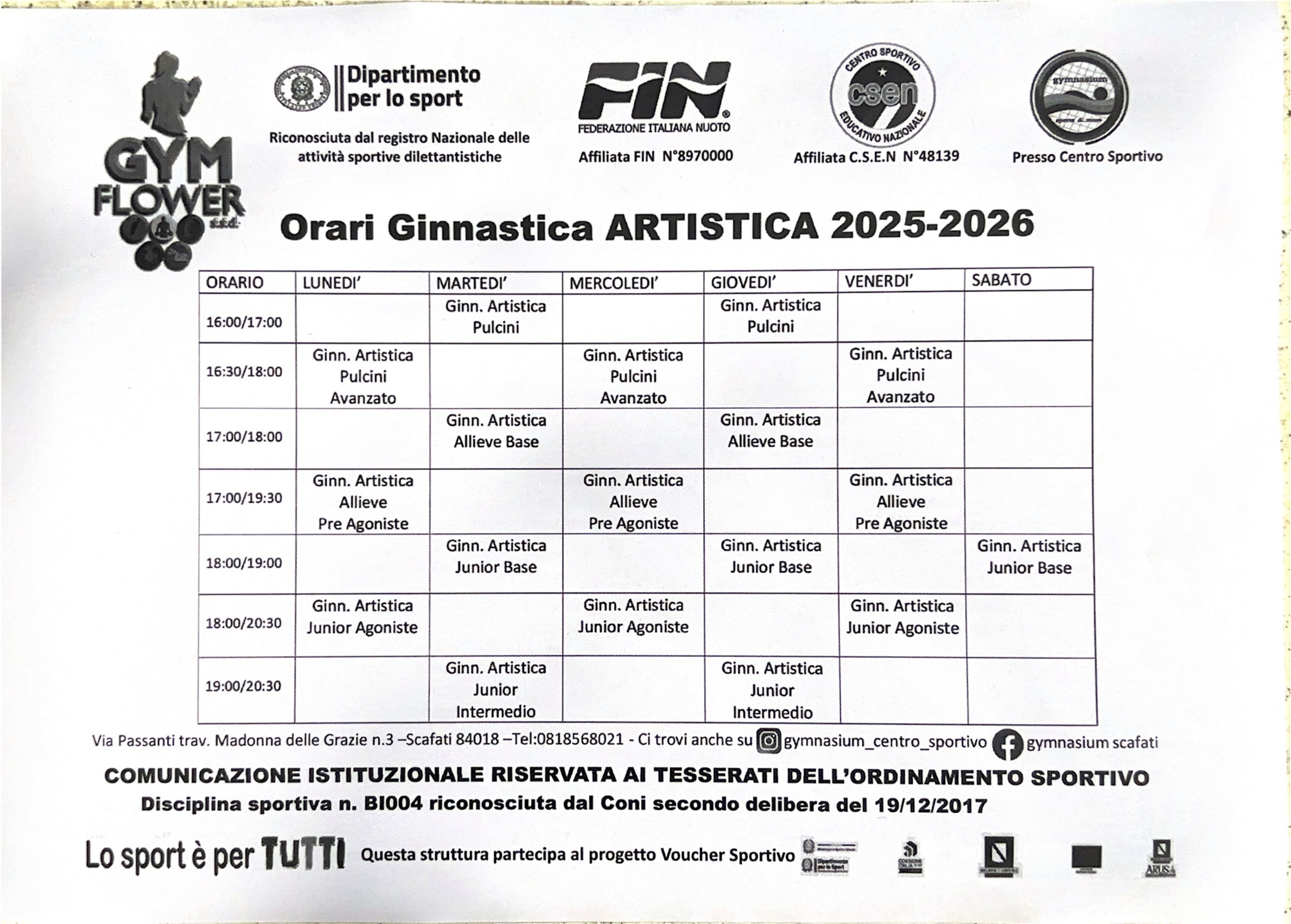 orari corsi ginnastica artistica